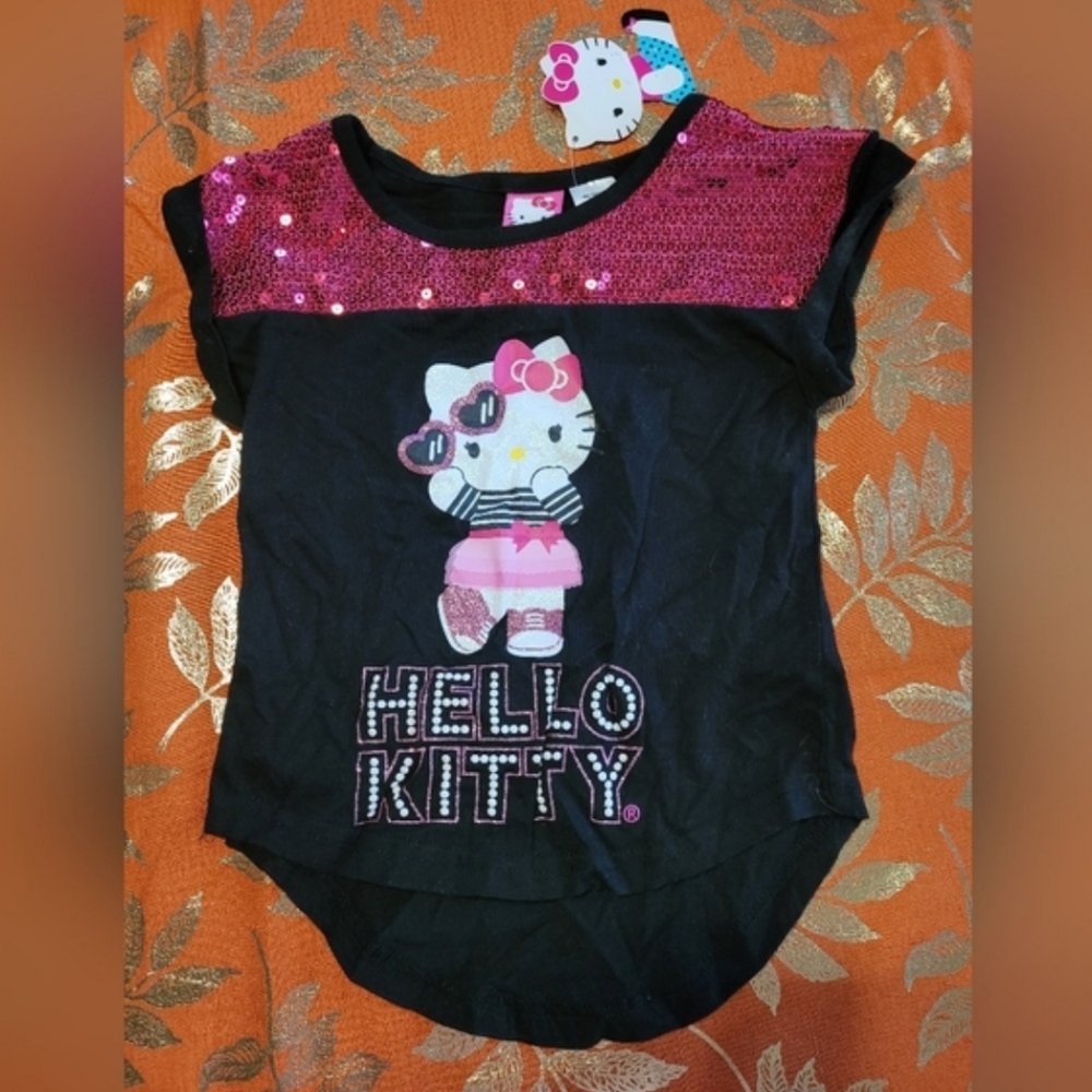 Hello Kitty Saurio Sequined Sparkle Glitter Black And Hot Pink Tee Size XS Girls - Picture 2 of 10